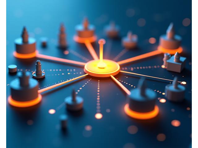 Visualizzazione di una rete di collaborazione tra diverse entità, con linee di connessione e icone che rappresentano aziende e partnership. Al centro, un'icona che simboleggia l'accordo o il contratto. Colori: blu, grigio, oro per i punti di connessione.