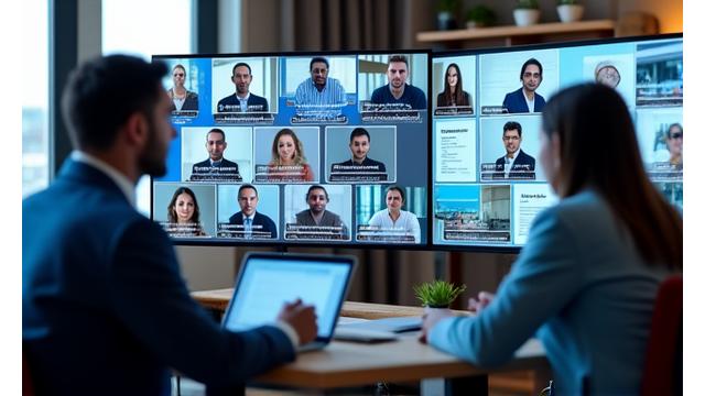 Gruppo di professionisti legali che collaborano digitalmente attraverso videocall, mostrando il lavoro da remoto accelerato dal COVID.