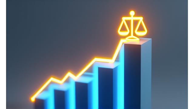 Grafico stilizzato che mostra una crescita esponenziale, con un simbolo di bilancia della giustizia e ingranaggi tecnologici, a simboleggiare la leadership nel LegalTech.