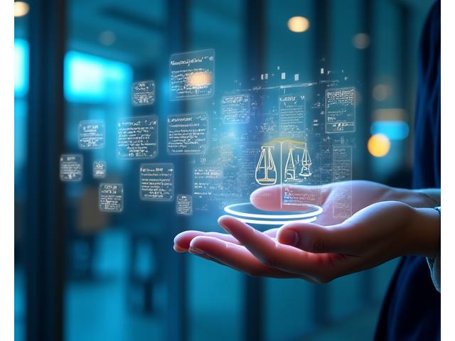 Visione di un futuro legale potenziato dalla tecnologia, con mani che collaborano attorno a ologrammi proiettati di codici legali e diagrammi di flusso.