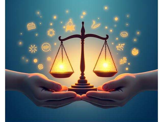Illustrazione che simboleggia l'impatto sociale della tecnologia: mani che si protendono verso una bilancia della giustizia stilizzata, circondata da icone di sostenibilità, educazione e comunità.