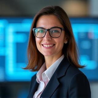 Ritratto professionale della CTO di Giustizia Nobile, donna con occhiali, sguardo attento e mente analitica, in un luminoso ambiente tecnologico.