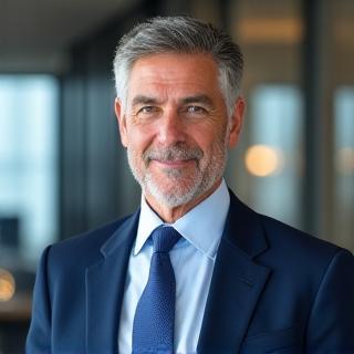 Ritratto professionale del Fondatore e CEO di Giustizia Nobile, uomo con espressione posata e ispirata, in un ambiente moderno da ufficio.