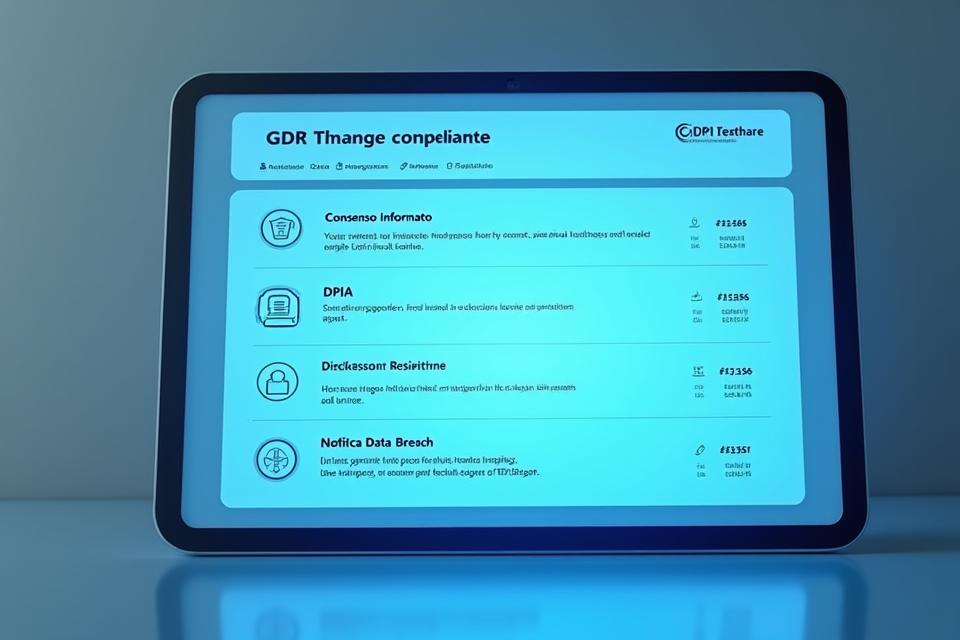 Interfaccia utente di un software che mostra una checklist di conformità GDPR con sezioni specifiche per la sanità, tra cui gestione del consenso e DPIA. Colori puliti e moderni.