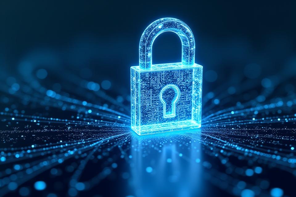 Rappresentazione di un lucchetto digitale gigante che protegge una rete di dati medici interconnessa, evidenziando la sicurezza e la privacy dei pazienti.