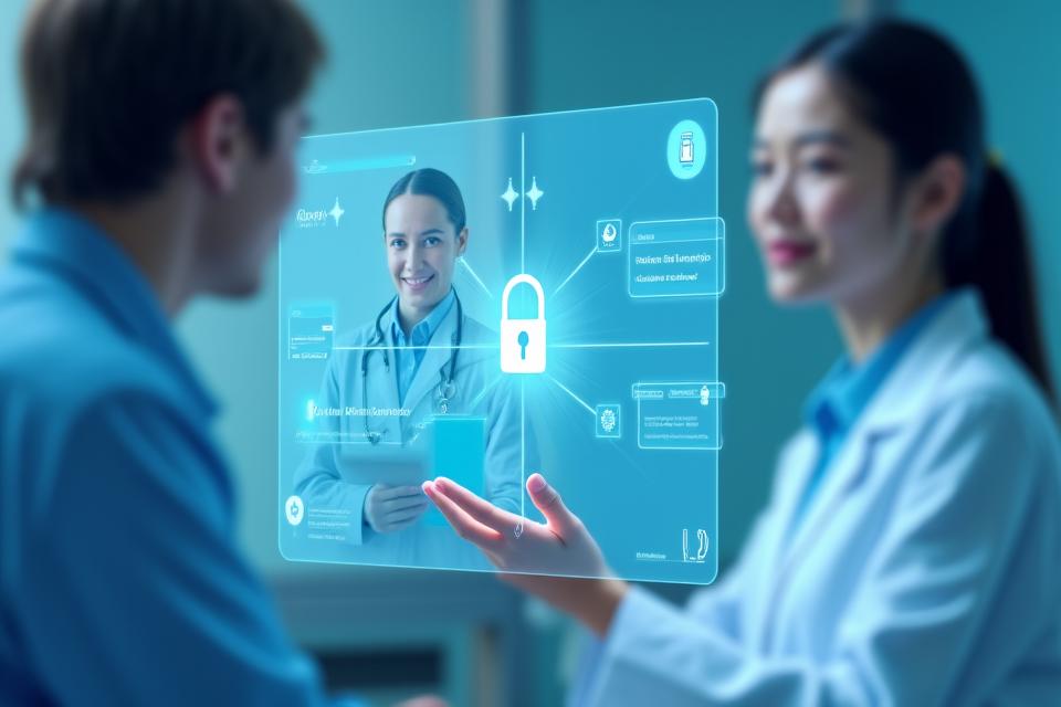 Schermata di una piattaforma di telemedicina con un medico che interagisce con un paziente tramite videochiamata, con indicatori di sicurezza evidenti e connessioni protette.
