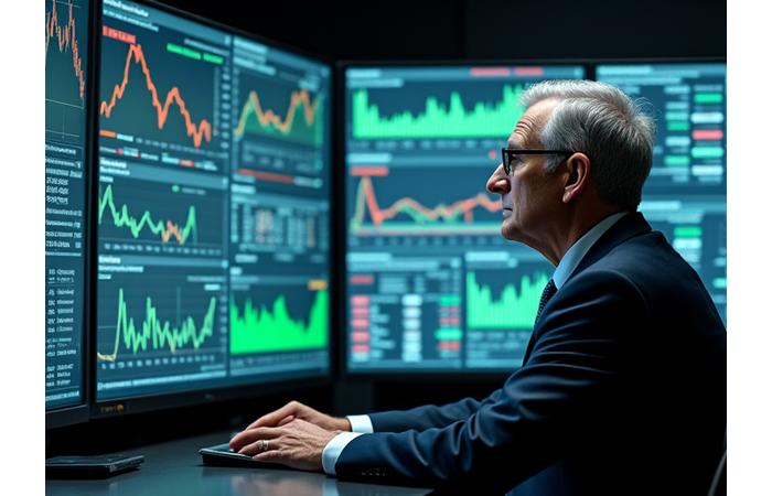 Professionisti in un ambiente bancario moderno con schermi complessi che mostrano dati finanziari e grafici.