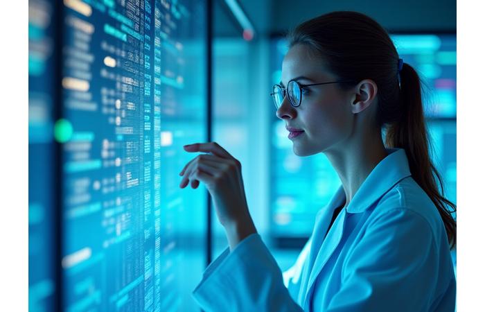 Scienziata che lavora in un laboratorio moderno, simbolo di ricerca e sviluppo in ambito farmaceutico.