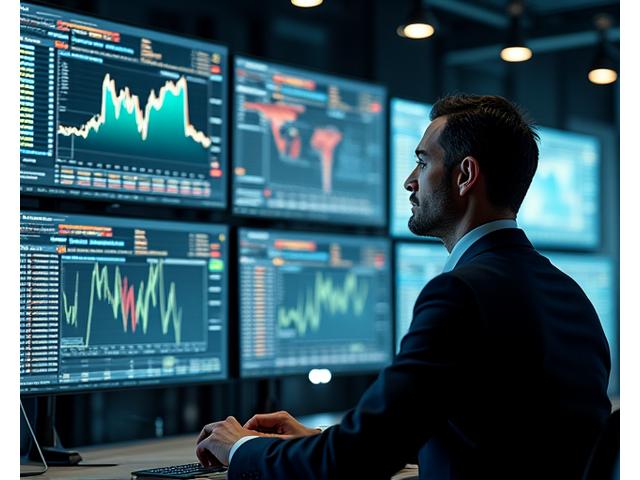 Analista finanziario che esamina dati complessi su più schermi, con grafici e statistiche.