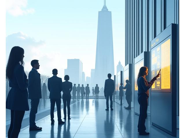 Moderno edificio governativo con persone che interagiscono digitalmente in primo piano, a simboleggiare l'efficienza pubblica.