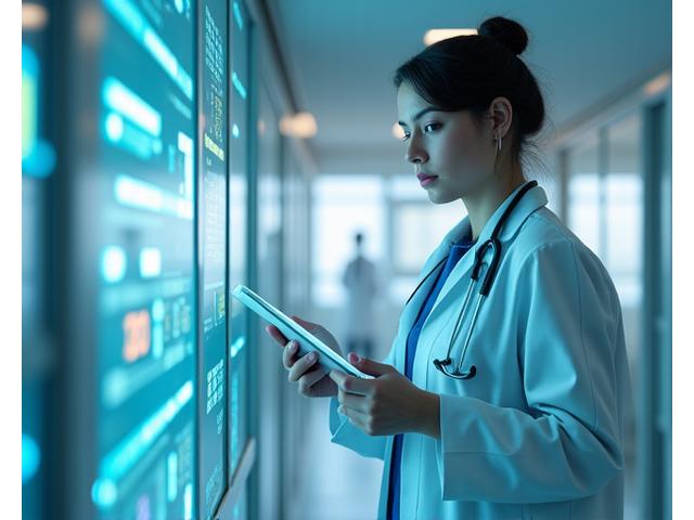 Professionale della sanità che esamina dati digitali su tablet, ambientazione moderna e pulita.