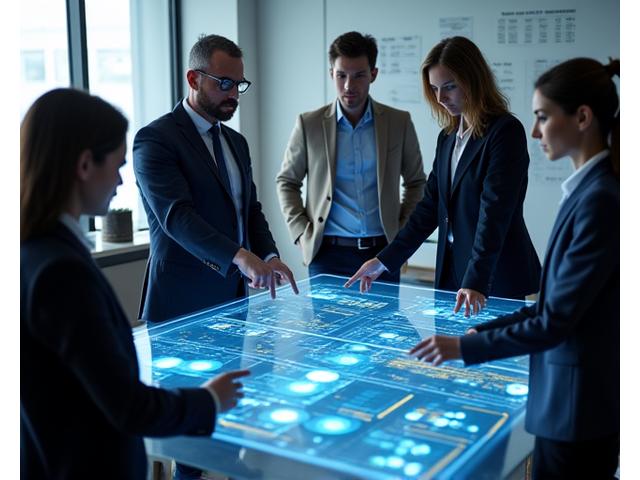 Team legale che collabora strategica usando schermi e proiezioni di dati