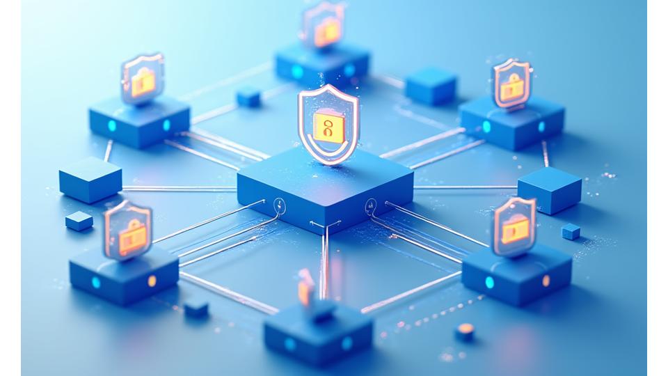 Schema visivo di un network protetto con icone rappresentanti server, fornitori cloud e nodi di dati interconnessi.