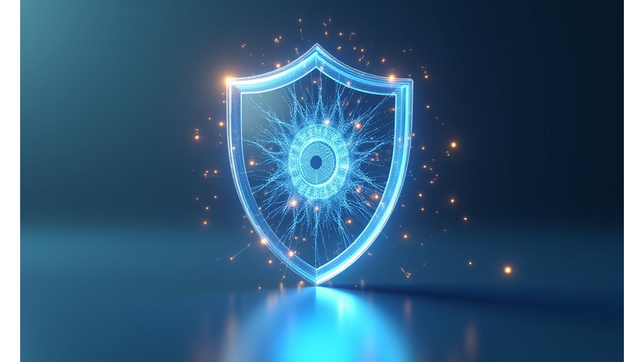Concetto di protezione dei dati, un scudo stilizzato che protegge dati binari.