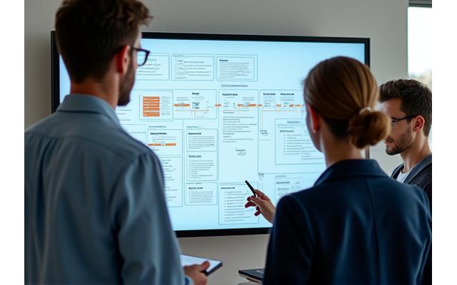 Professionisti legali che collaborano con esperti di tecnologia davanti a un diagramma di flusso su lavagna digitale