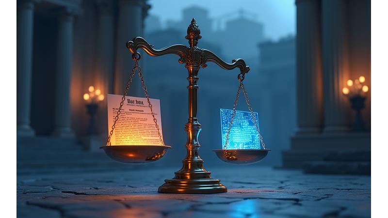 Una bilancia della giustizia stilizzata con due ingranaggi interlocking ai lati, rappresentando un sistema legale efficiente e processi di risoluzione delle controversie ben oliati.