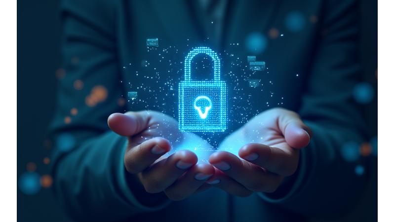 Simbolismo di copyright, trademark e un lucchetto su icone digitali, rafforzando il concetto di protezione della proprietà intellettuale in un ambiente tecnologico.