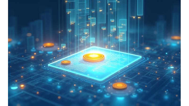 Illustrazione di mani che scambiano monete digitali, con un contratto aperto e icone di trasparenza finanziaria, simboleggiando accordi chiari sui pagamenti.