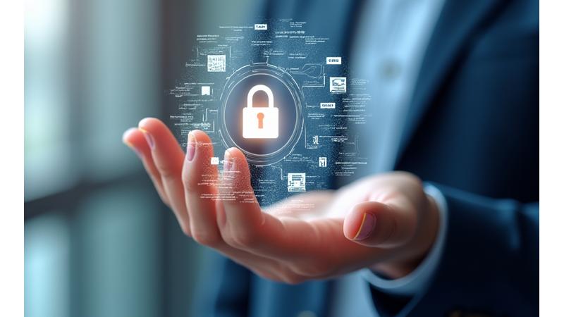 Illustrazione di una persona che naviga un interfaccia digitale con icone che rappresentano sicurezza, conformità e responsabilità, suggerendo un uso etico della tecnologia.